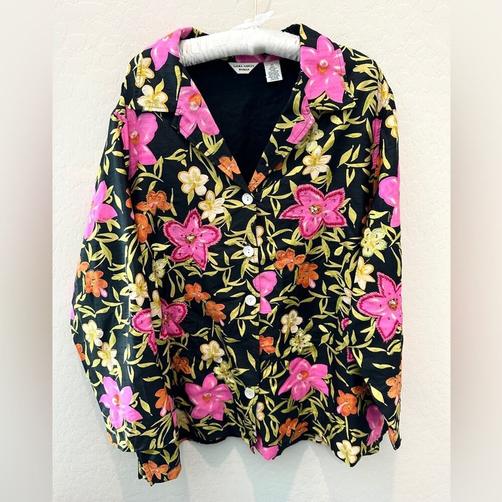 LAURA ASHLEY | Woman Silk Floral Embroidered Blouse Black Pink Boho | Size 2X